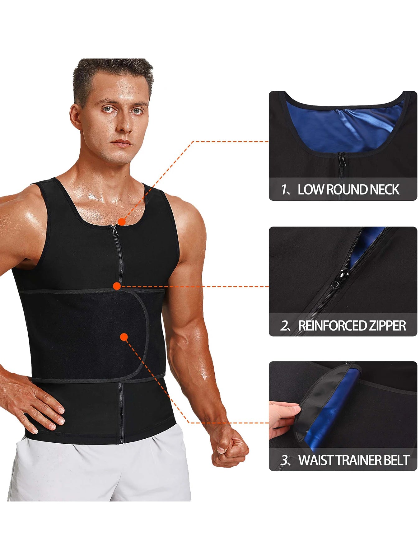 Men's Waist Trainer Body Shaper Sauna Sweat Waist Trainer Vest with Zipper Workout Sauna Suit with Adjustable Waist Trimmer Belt