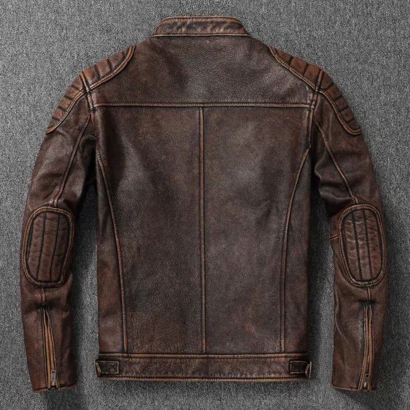 Vintage Black Brown Real Cowhide Genuine Leather Jacket Real Fur Men's Leather Jacket Bomber Men Leather Jacket Motorcycle Coat