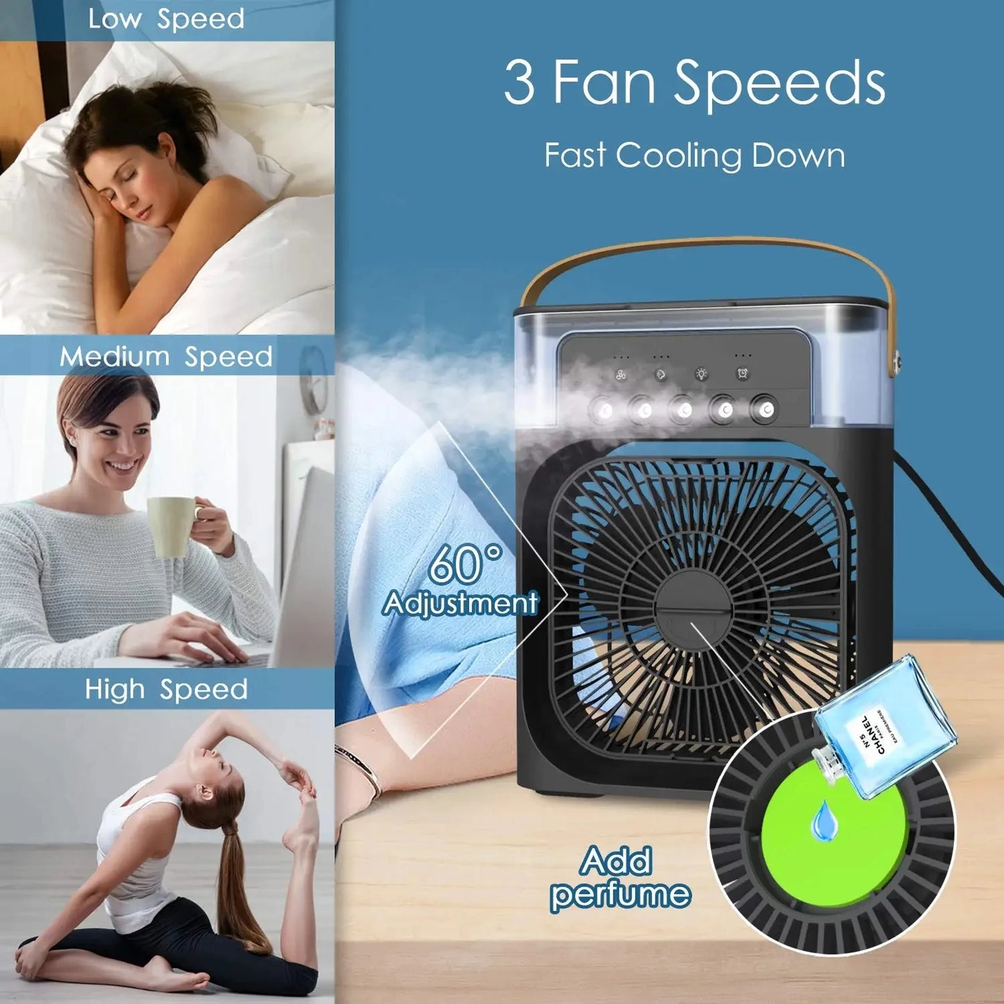 3 In 1 Fan AIr Conditioner Household Water Mist USB Fan Small Air Cooler LED Night Light Portable Humidifier Air Adjustment Fan