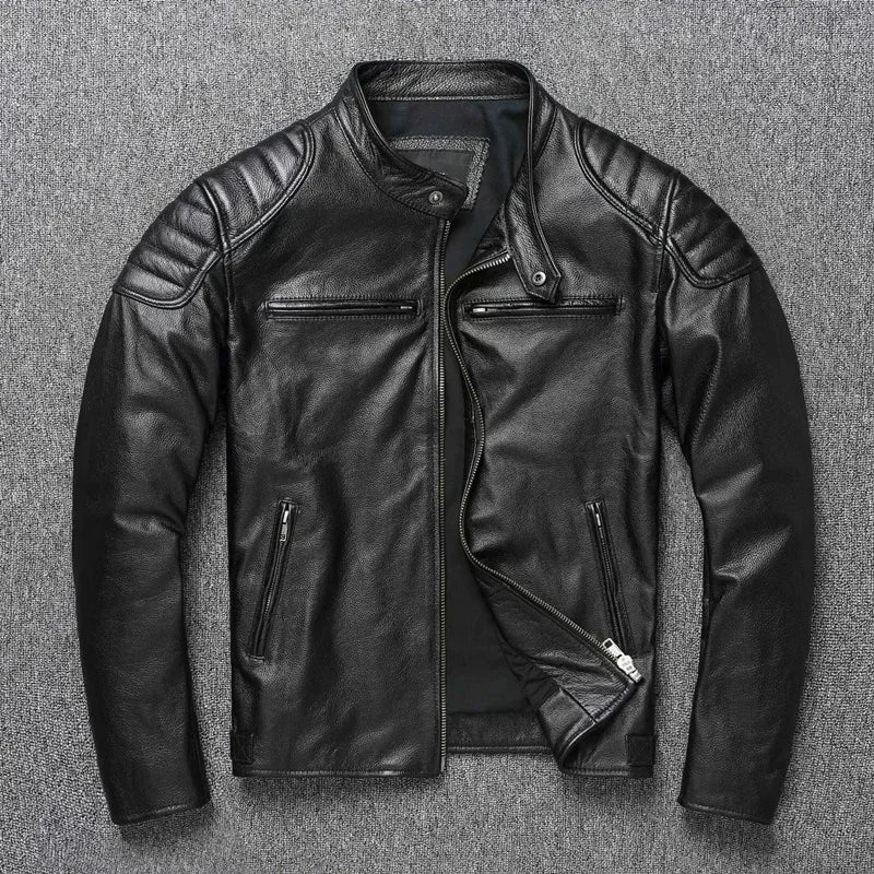 Vintage Black Brown Real Cowhide Genuine Leather Jacket Real Fur Men's Leather Jacket Bomber Men Leather Jacket Motorcycle Coat