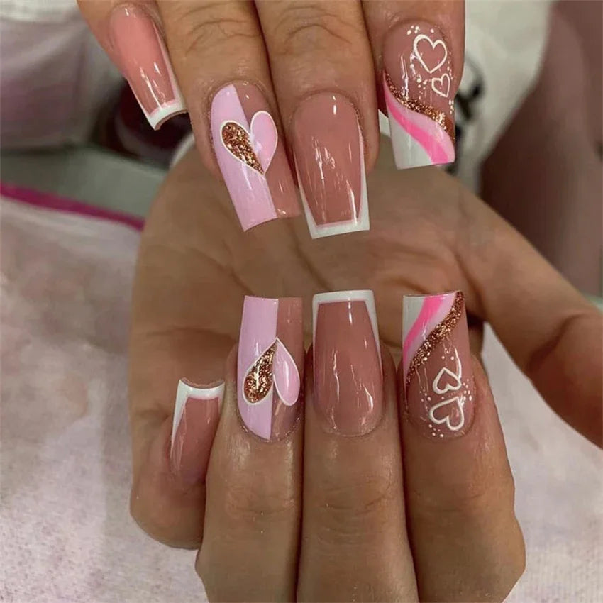 24p Artificial Acrylic Nail Art Fake Nails Full Coverage Removable Press On Nails Tip French Light Pink Heart False Nail Designs