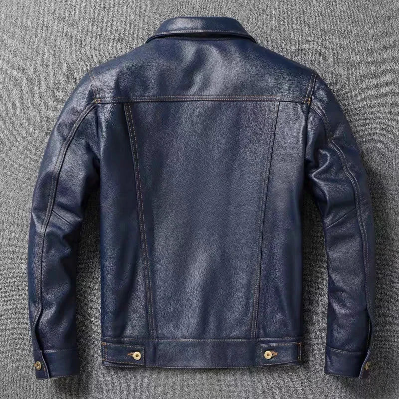 2023 New Leather Jacket Men's Single-Breasted Denim Blue Retro Old Motorcycle Leather Jacket Slim-Fit Lapel Coat