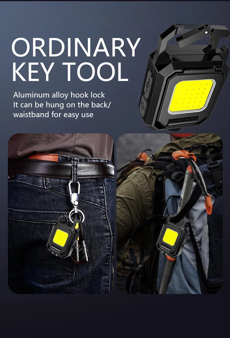 XPE Pocket Work Light 1000LM COB LED Mini Keychain Light USB Rechargeable Flashlight IPX4 Waterproof for Outdoor Camping Hiking