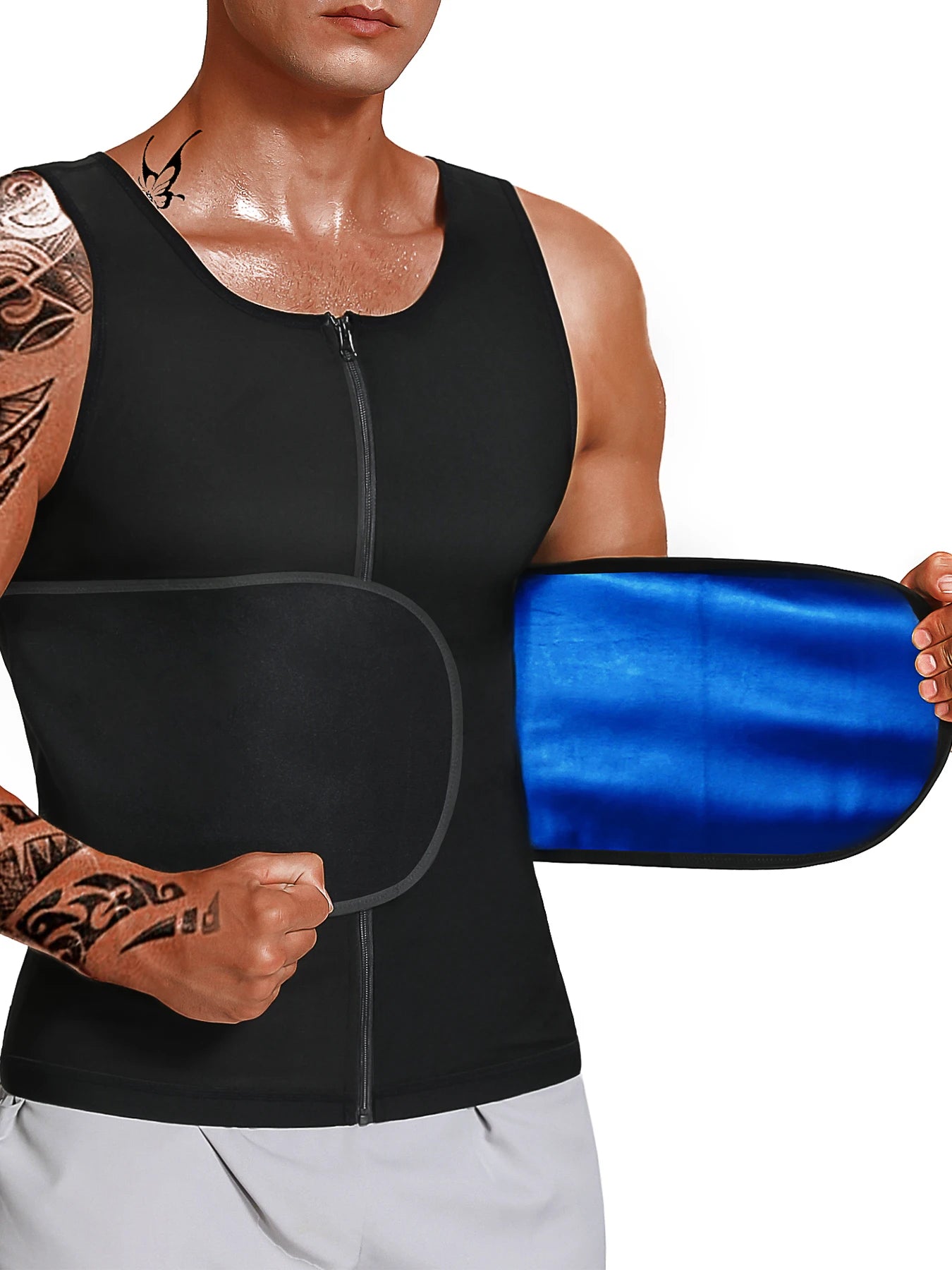 Men's Waist Trainer Body Shaper Sauna Sweat Waist Trainer Vest with Zipper Workout Sauna Suit with Adjustable Waist Trimmer Belt
