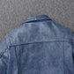 2023 New Leather Jacket Men's Single-Breasted Denim Blue Retro Old Motorcycle Leather Jacket Slim-Fit Lapel Coat