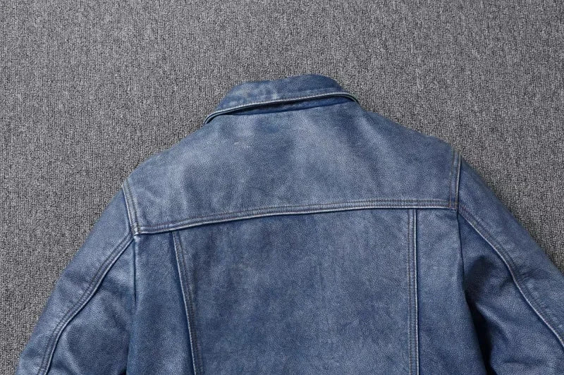 2023 New Leather Jacket Men's Single-Breasted Denim Blue Retro Old Motorcycle Leather Jacket Slim-Fit Lapel Coat