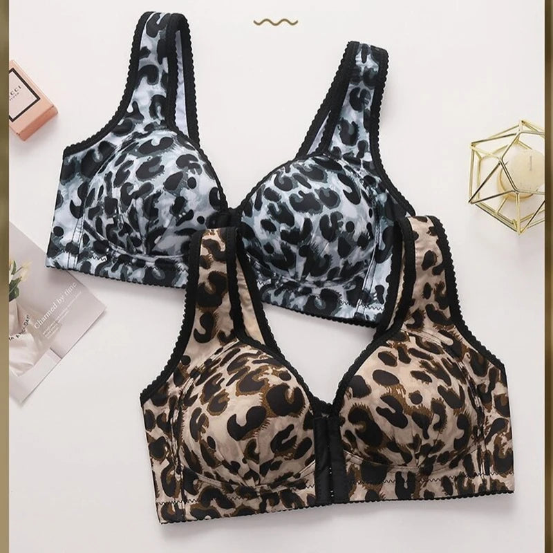 Women's Breathable Side-lifting Maternity Underwear Leopard Print Large Size Ultra-thin No Underwire Front-closure Bra