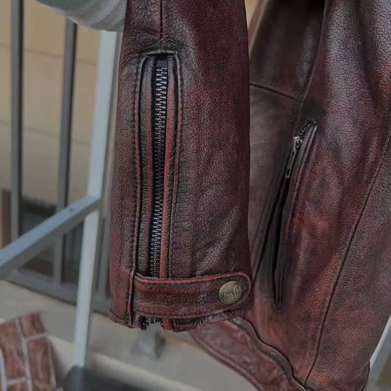 Vintage Black Brown Real Cowhide Genuine Leather Jacket Real Fur Men's Leather Jacket Bomber Men Leather Jacket Motorcycle Coat