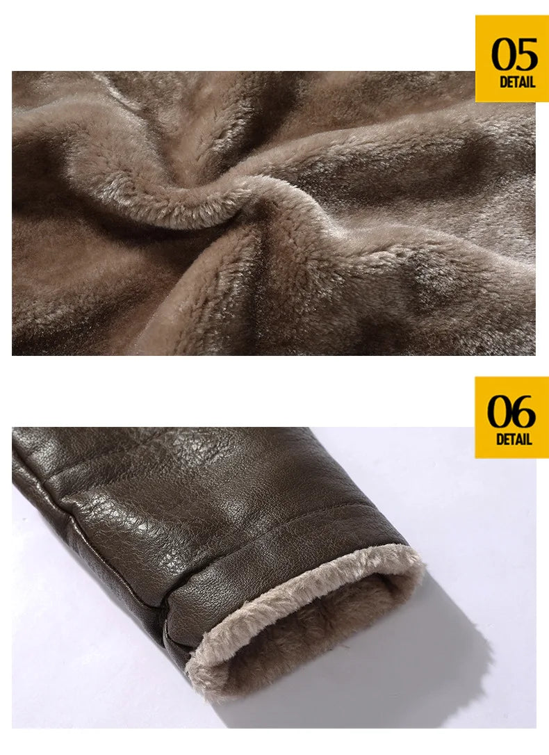 Men's Mid-length Leather Coat Autumn Winter Business European Size Plus Fleece Large Lapel Suit Fur Coat Men Jacket Men