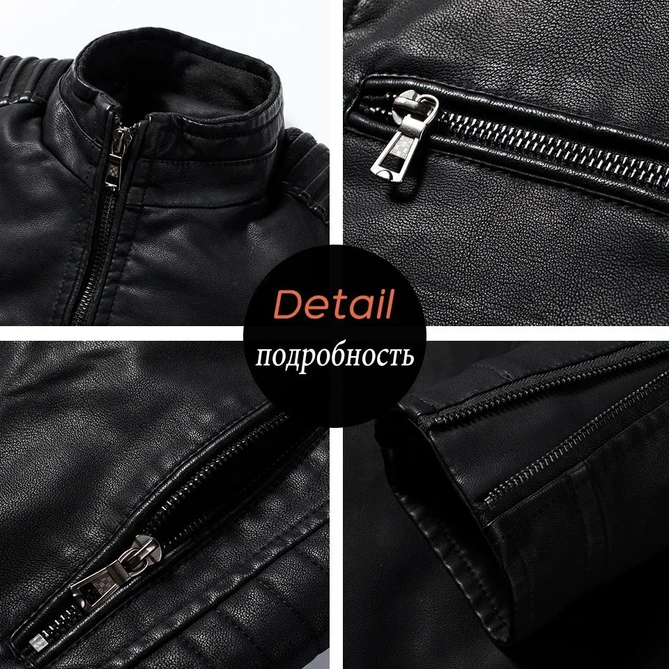 Mens Causal Vintage Leather Jacket Coat Men Thin Spring Autumn Design Motor Biker Pocket PU Leather Jacket Male Motocycle 4XL