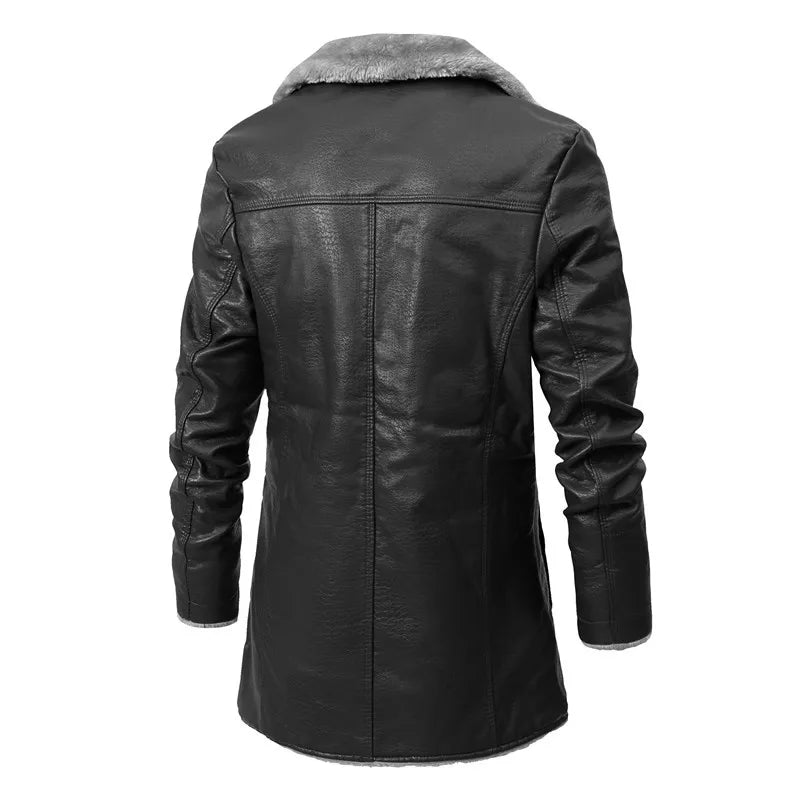 Men's Mid-length Leather Coat Autumn Winter Business European Size Plus Fleece Large Lapel Suit Fur Coat Men Jacket Men