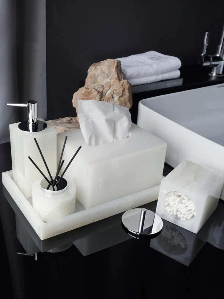White Onyx Natural Marble Bathroom Accessories Luxury Soap Dispenser Cotton Swabs Container Reed diffuser Tray Bathroom Set