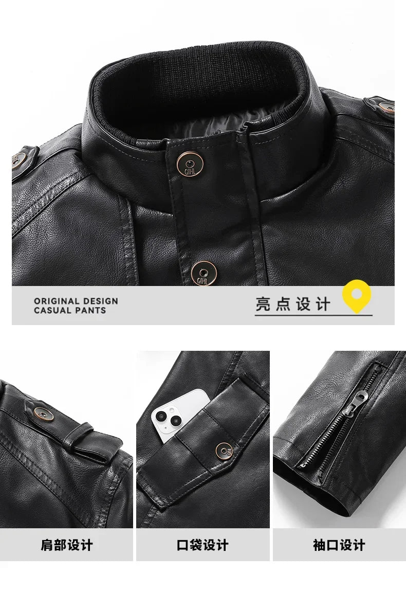 Men's Leather Jacket Autumn and Winter Windproof Standing Collar Motorcycle Tactical Warm Coat Casual Fashion Waterproof Jacket