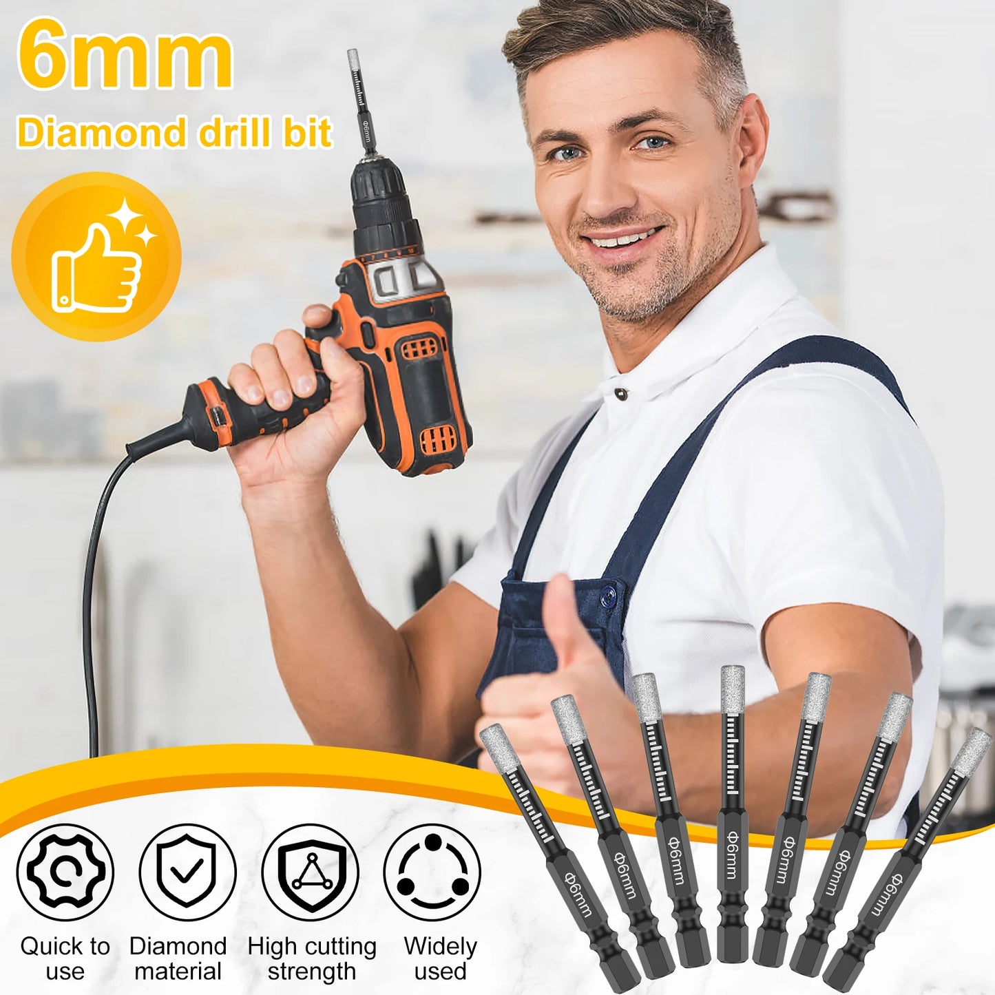 7Pcs 6mm Dry Diamond Drill Bits Set Vacuum Brazed Core Drill Bit Kit Quick Change Hex Shank for Porcelain Granite Tile Marble
