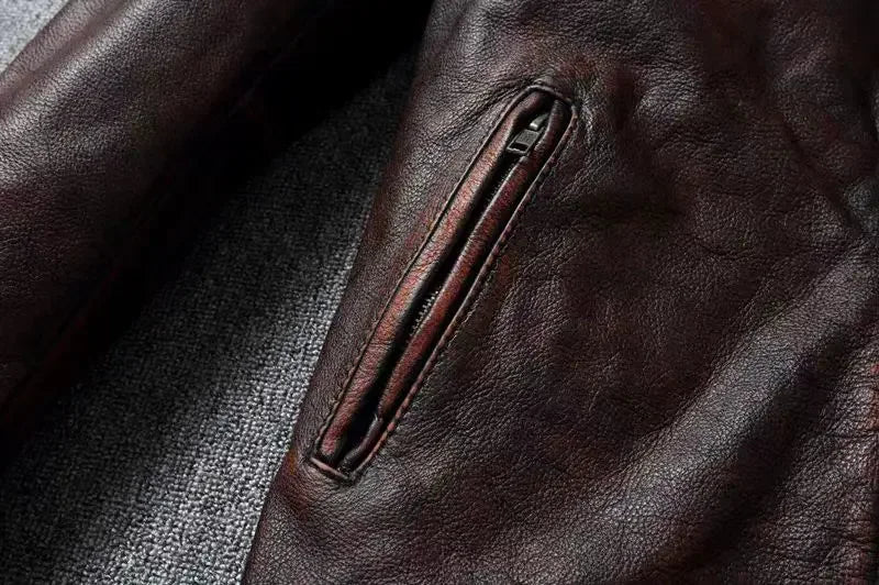 Vintage Black Brown Real Cowhide Genuine Leather Jacket Real Fur Men's Leather Jacket Bomber Men Leather Jacket Motorcycle Coat