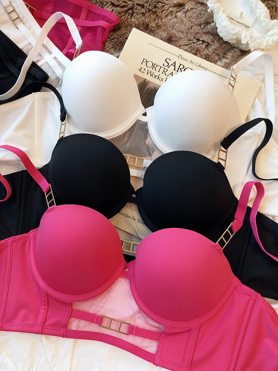 Europe Women Underwear Set Sexy Lace Hollow Breathable Widen Buckle Lingerie Underwire Push Up Bra and Panties Rose Intimates
