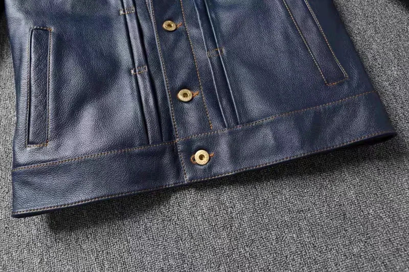 2023 New Leather Jacket Men's Single-Breasted Denim Blue Retro Old Motorcycle Leather Jacket Slim-Fit Lapel Coat