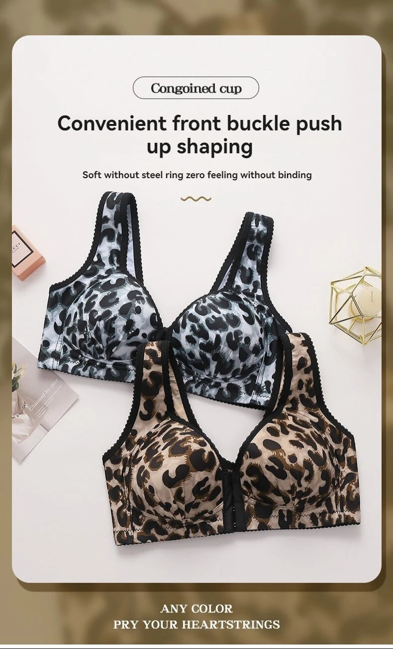 Women's Breathable Side-lifting Maternity Underwear Leopard Print Large Size Ultra-thin No Underwire Front-closure Bra