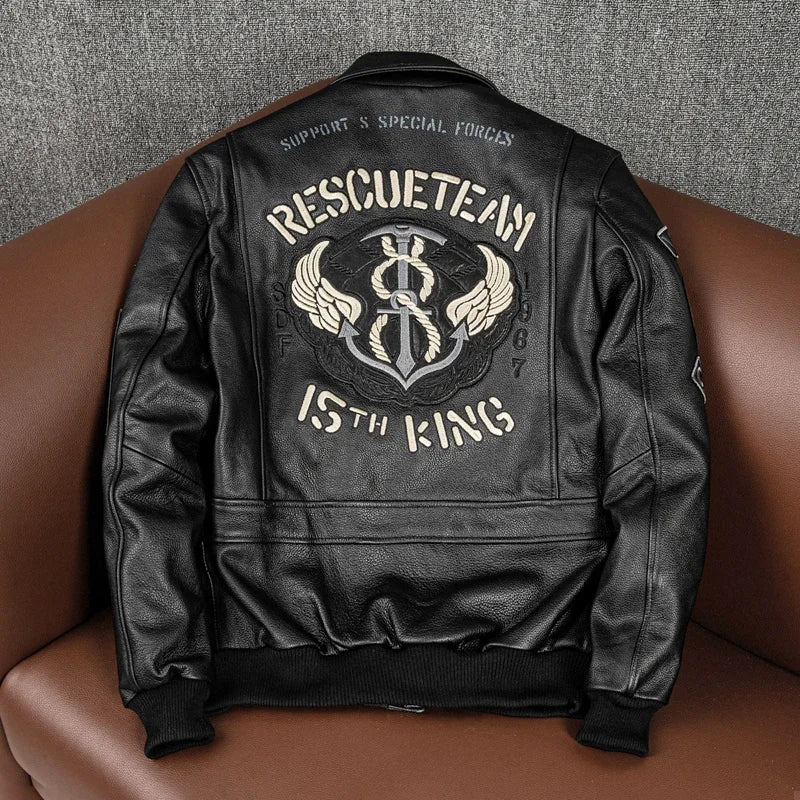 2025 New Spring Men's Genuine Leather Jacket Embroidery Bomber Cowhide Air Force Jacket Motorcycle Leather Coat A2 Biker Clothes