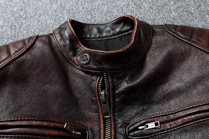 Vintage Black Brown Real Cowhide Genuine Leather Jacket Real Fur Men's Leather Jacket Bomber Men Leather Jacket Motorcycle Coat