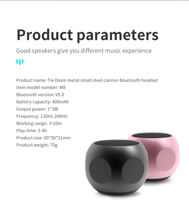 Mini Portable Metal Speaker Metallic Wireless Bluetooth Speaker TWS Stereo Indoor/Outdoor Portable Subwoofer Compact Speaker
