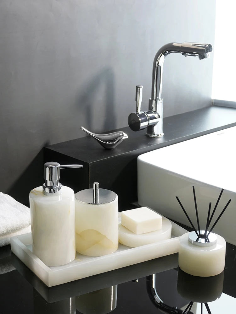 White Onyx Natural Marble Bathroom Accessories Luxury Soap Dispenser Cotton Swabs Container Reed diffuser Tray Bathroom Set