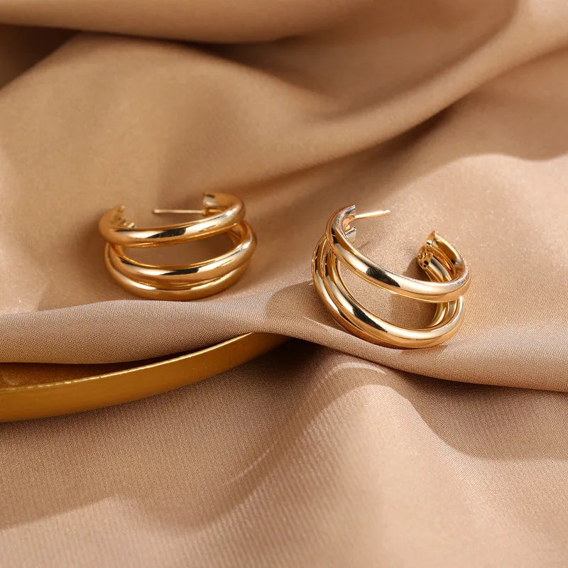 UILZ Gold Silver Color Hoop Earrings For Women Korean Fashion Three-layer Hoops Big Thick Round Earrings Piercing Jewelry Gifts