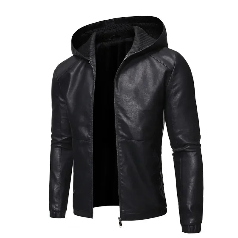 Autumn Winter Slim Fit Oversize Mens Hooded Motorcycle Leather Jacket Faux Leather Moto Biker Jacket Men Black PU Coat Male 3xl