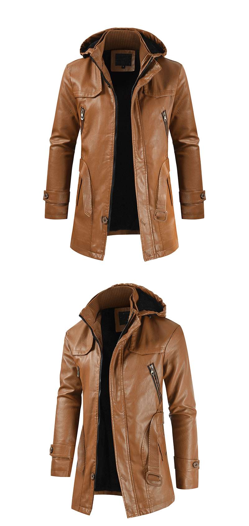 2024 Winter Men's Leather Motorcycle Leather Korean Fashion Jacket Coat Windproof Clothes Men's Hooded Medium Long