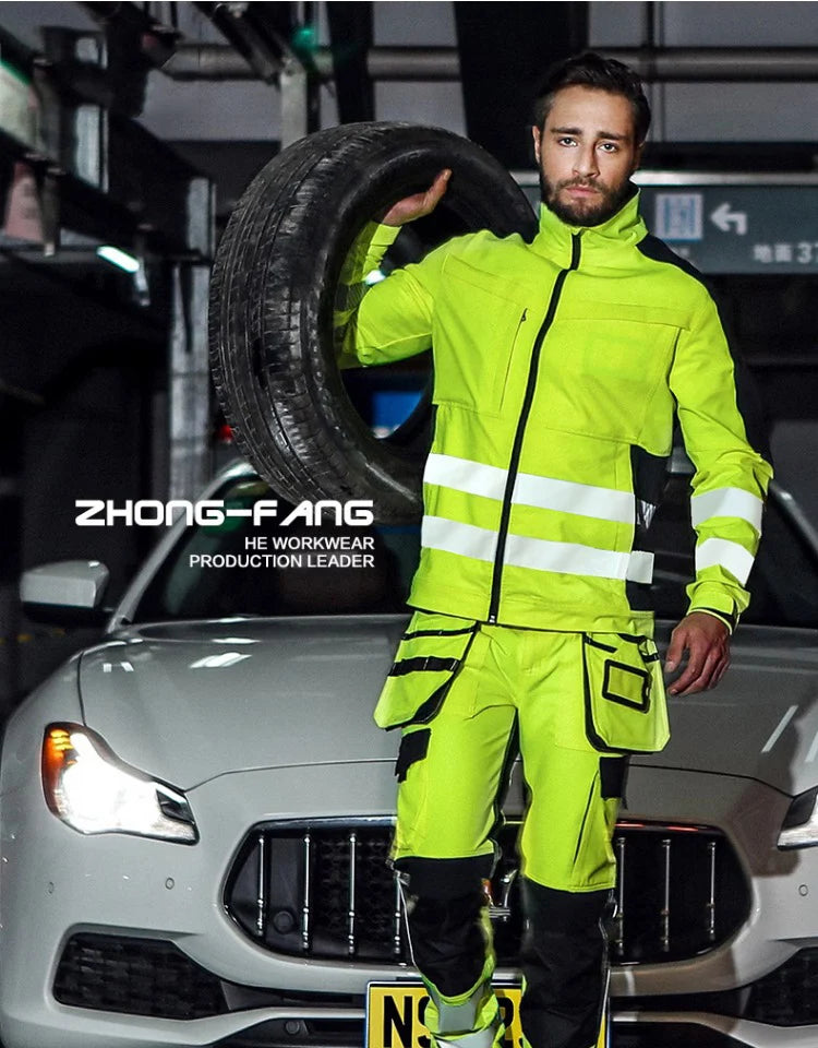 workwear mens jacket working cargo pants men High Visibility work suit with Reflective tapes