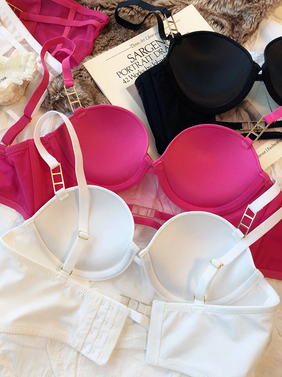 Europe Women Underwear Set Sexy Lace Hollow Breathable Widen Buckle Lingerie Underwire Push Up Bra and Panties Rose Intimates