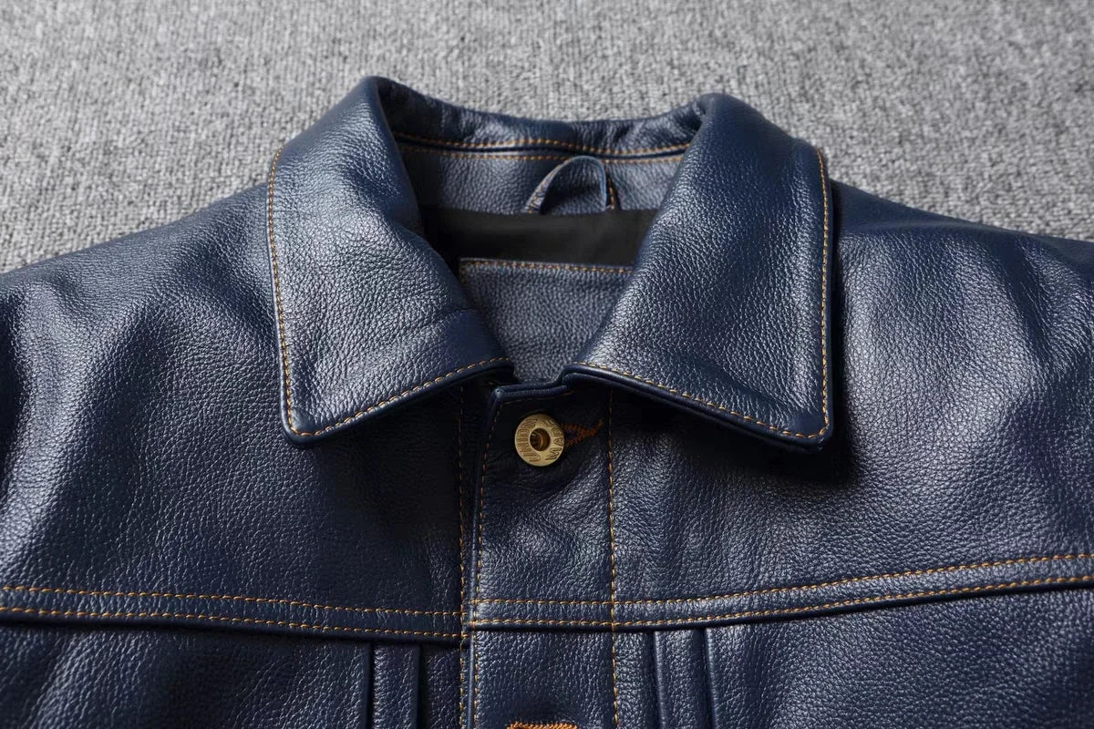 2023 New Leather Jacket Men's Single-Breasted Denim Blue Retro Old Motorcycle Leather Jacket Slim-Fit Lapel Coat