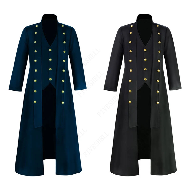 Medieval Men Vintage Costumes Steampunk Gothic Black Long Jacket Coat Vampire Cosplay Pirate Halloween Outfit Men's Trenchcoat