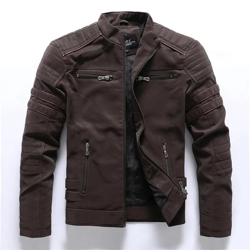 2024 New Men's Leather Washed Leather Jacket Motorcycle Plus Fleece Splicing European and American Men's Leather Coat