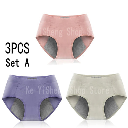 3PCS Women's underwear Physiological pants Cotton anti-side leakage cotton with breathable crotch period high belt pocket briefs