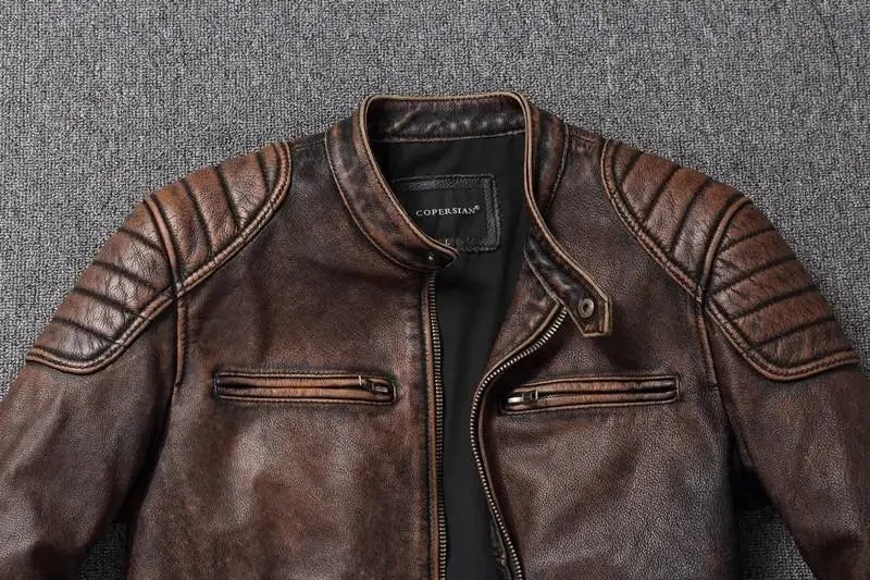 Vintage Black Brown Real Cowhide Genuine Leather Jacket Real Fur Men's Leather Jacket Bomber Men Leather Jacket Motorcycle Coat