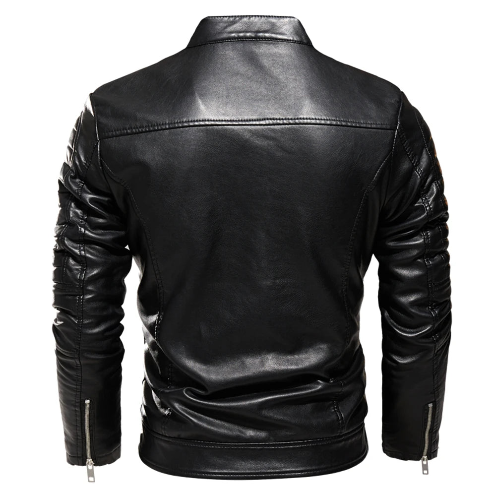 Men Fur Lined Warm Motorcycle Jacket Slim Street Fashion BLack Biker Coat Pleated Design Zipper 2024 Winter Black Leather Jacket