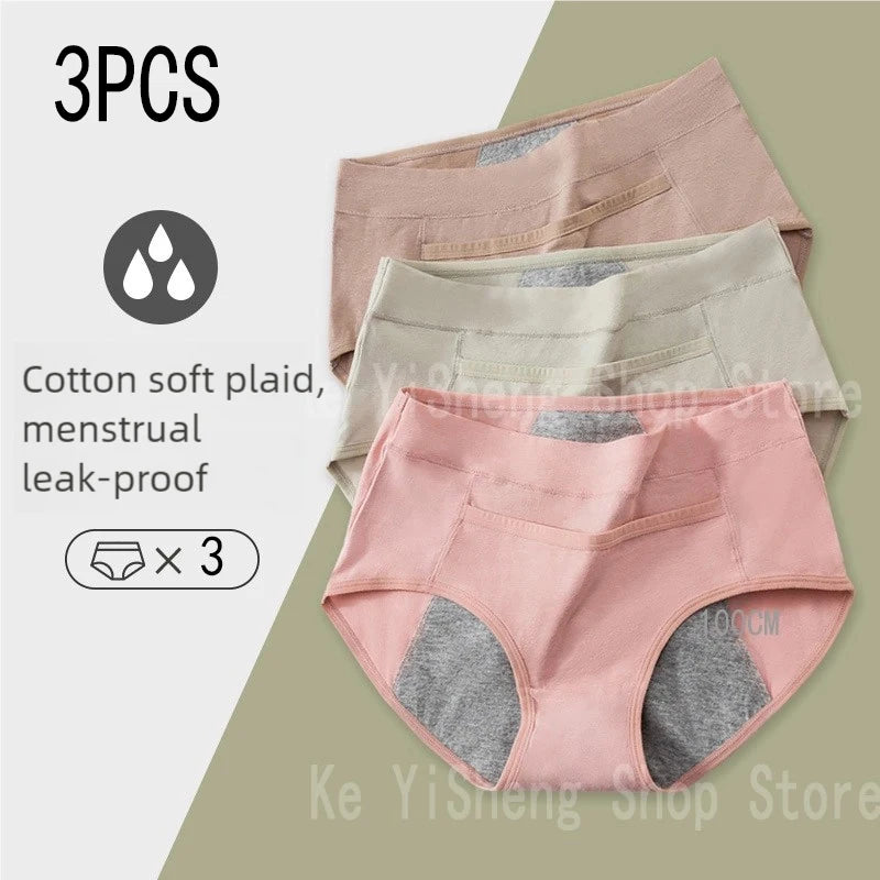 3PCS Women's underwear Physiological pants Cotton anti-side leakage cotton with breathable crotch period high belt pocket briefs