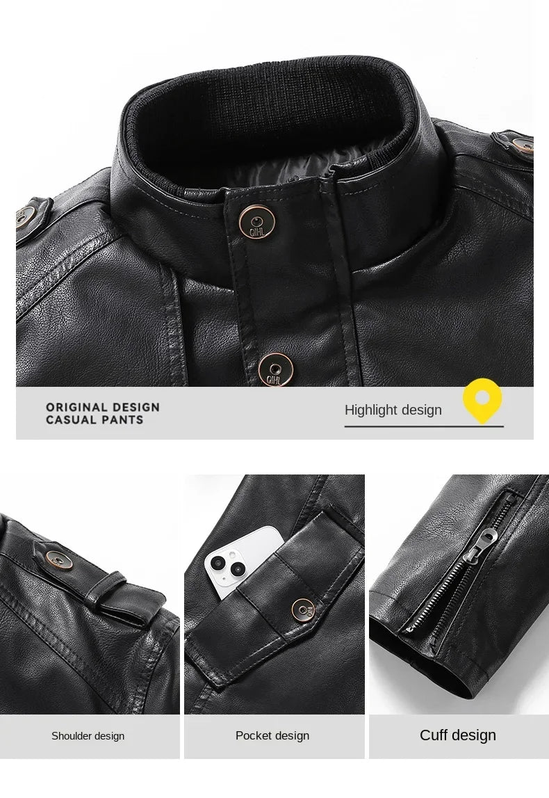 Men's Leather Jacket Autumn and Winter Windproof Standing Collar Motorcycle Tactical Warm Coat Casual Fashion Waterproof Jacket