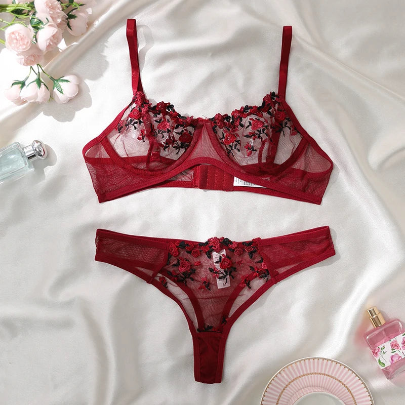 Sexy Underwear For Women Transparent Embroidered Small Flowers Bra Hot Lingerie Panties Intimates Woman Two Piece Set Clothing