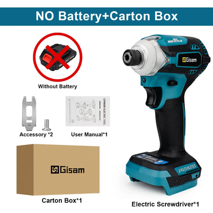 588N.m Cordless Brushless Impact Driver Kit Cordless Drill Electric Screwdriver 4-Speed 1/4‘’ 3 LED Light for Makita 18V Battery