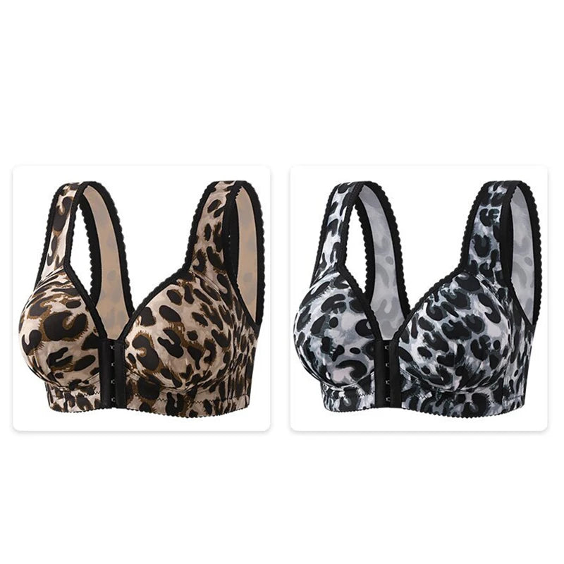 Women's Breathable Side-lifting Maternity Underwear Leopard Print Large Size Ultra-thin No Underwire Front-closure Bra
