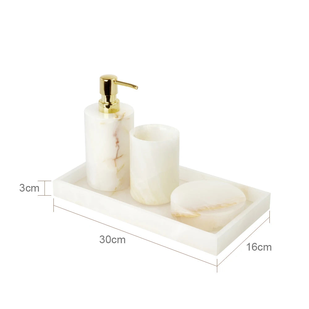 White Onyx Natural Marble Bathroom Accessories Luxury Soap Dispenser Cotton Swabs Container Reed diffuser Tray Bathroom Set