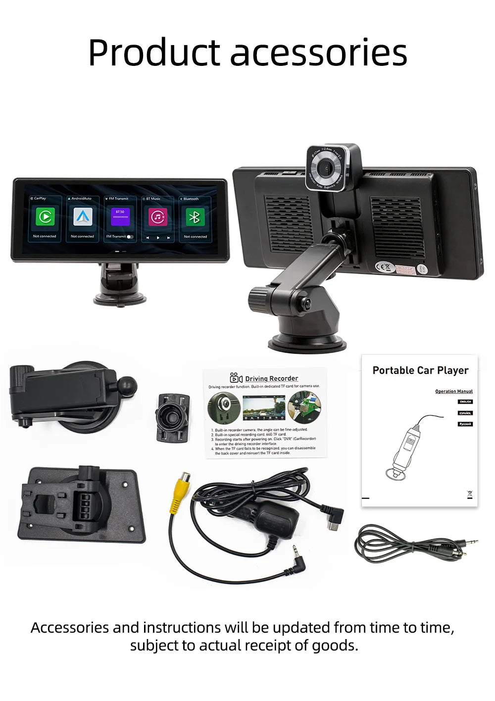 BQCC 10.26 Inch Portable Wireless Carplay Screen HD Rear Reversing Camera Car Radio DVR MP5 Multimedia Video Player Android Auto