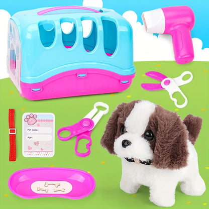 Pet Puppy Care Accessories with Dog  House -Simulated Brador Dog Call Plush Toy - Children Interactive Vet Clinic Doctor - Role