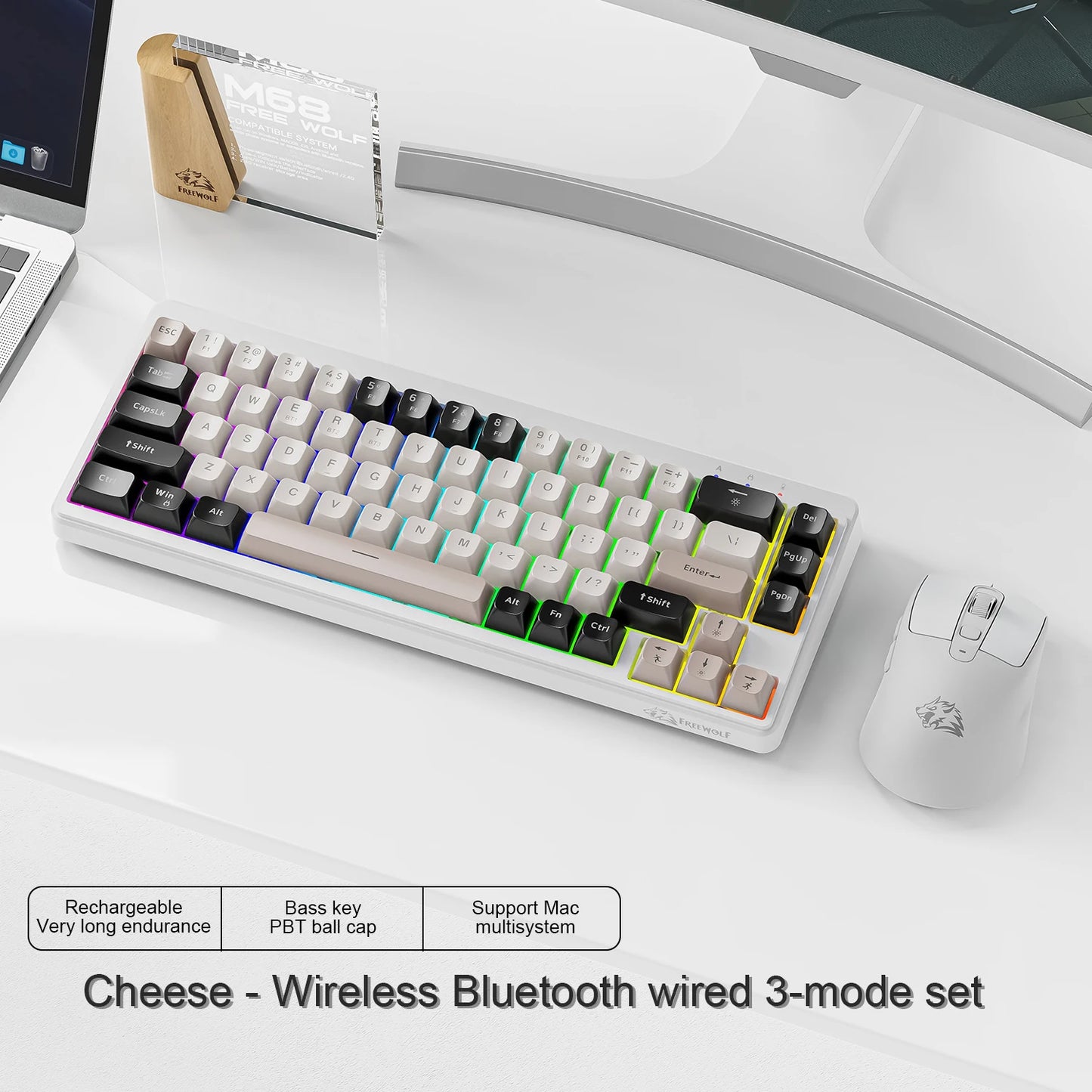 FREEWOLF M68 Wireless Keyboard and Mouse Set Multidevice Connection 68 Keys Mini Keyboard and A3 Mouse Kit PBT keycaps Backlight