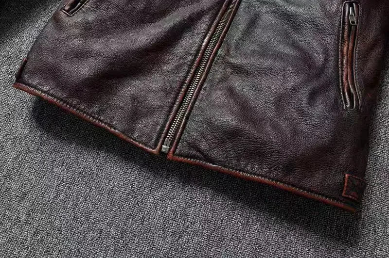 Vintage Black Brown Real Cowhide Genuine Leather Jacket Real Fur Men's Leather Jacket Bomber Men Leather Jacket Motorcycle Coat