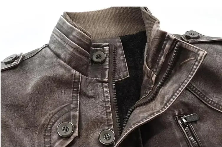 Leather Coat Men Stand-up Collar Autumn Winter New Men Mid-Length Casual Fashion Slim Fit Solid Color Leather Jacket