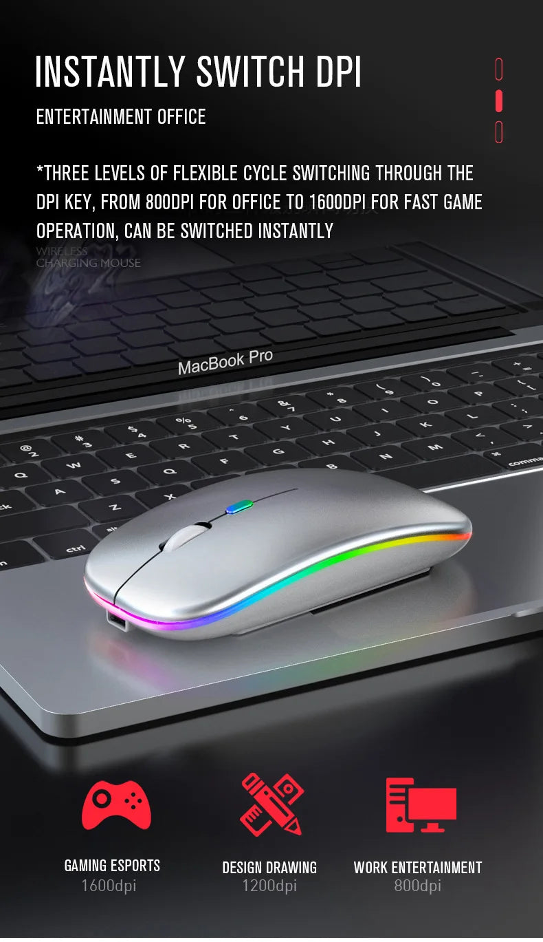 Wireless Mouse Bluetooth compatible 2.4GHz 1600DPI USB Rechargeable RGB Light Portable Mouse For Laptop Computer PC Macbook Game