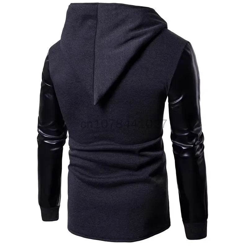 2025 Patchwork Leather Sleeve Fashion Black Tops Men Jacket Coat Spring Autumn Sweatshirt Slim Fit Pullover Tracksuits Masculino